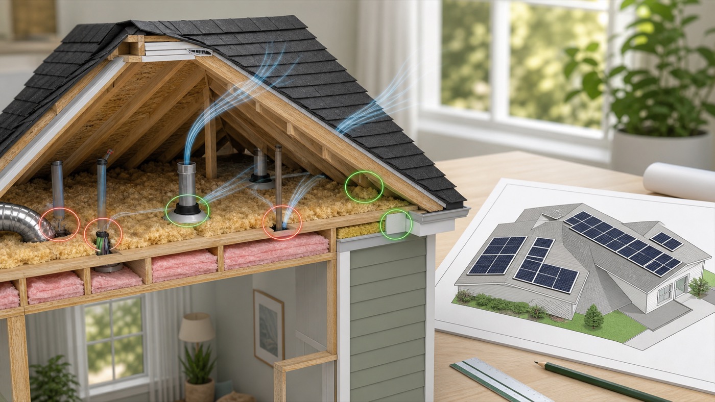 A cutaway attic with air leak markers next to a rooftop solar layout plan.