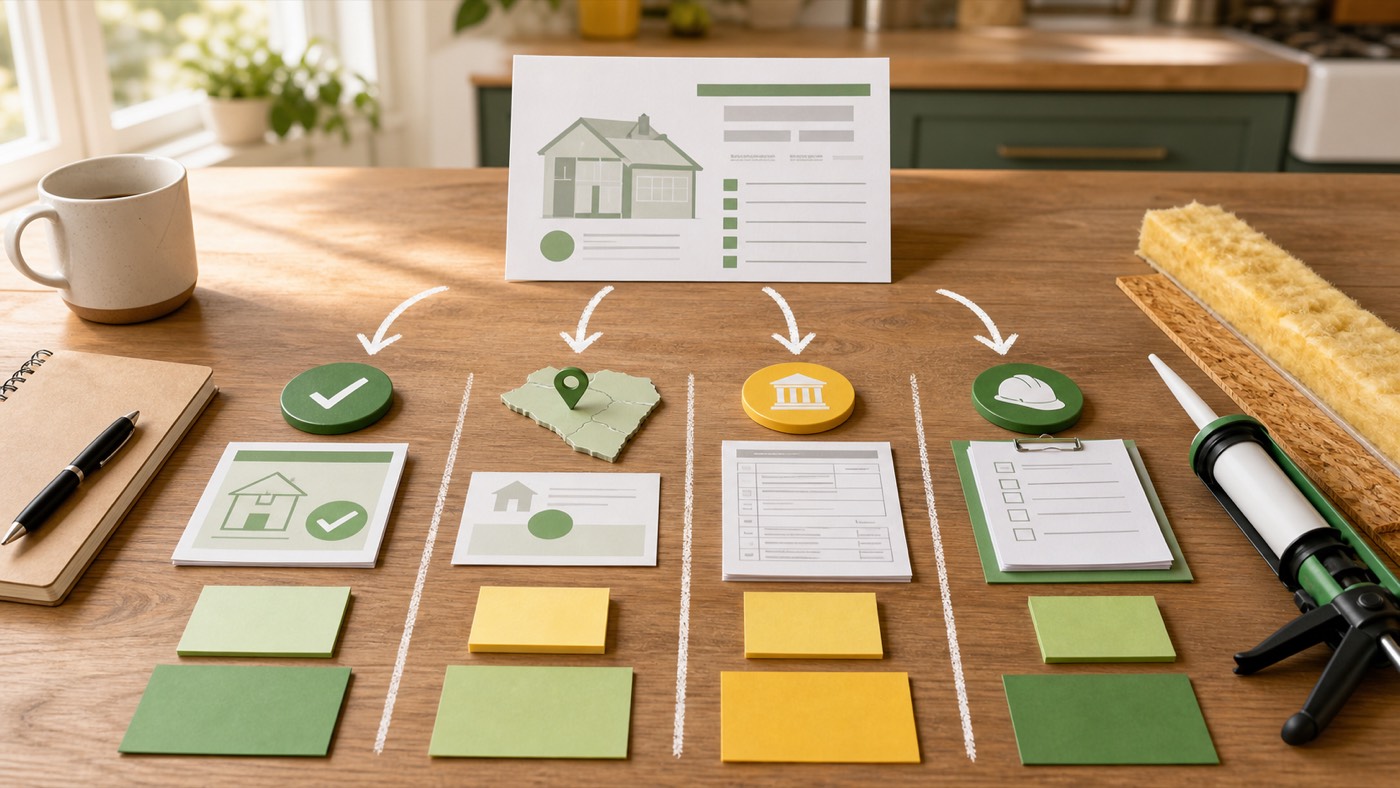 Home energy quote split into separate rebate, tax-credit, location and contractor-proof checks.