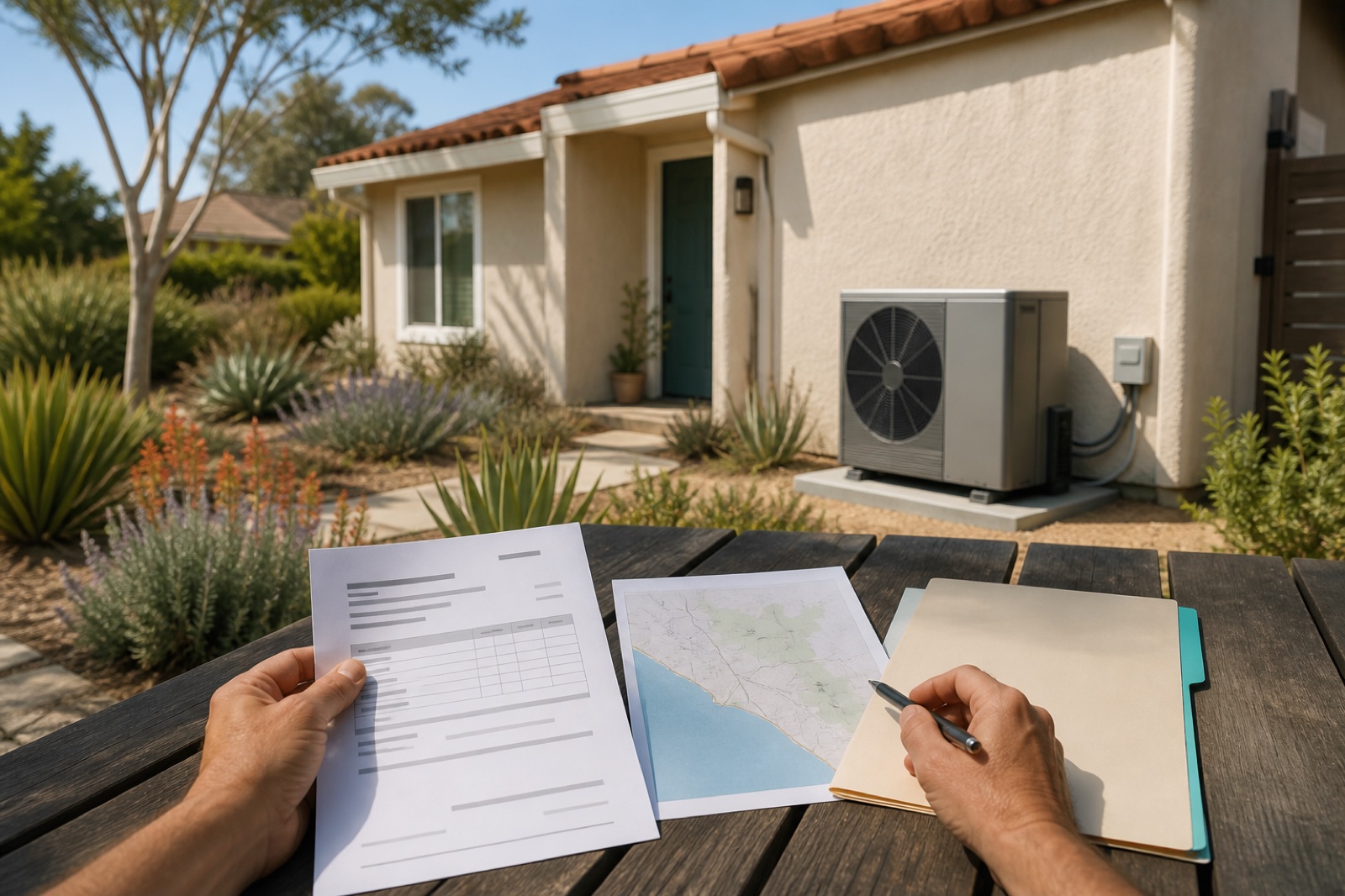 A Southern California homeowner compares a heat-pump quote, area map and application folder outside a modest stucco home.