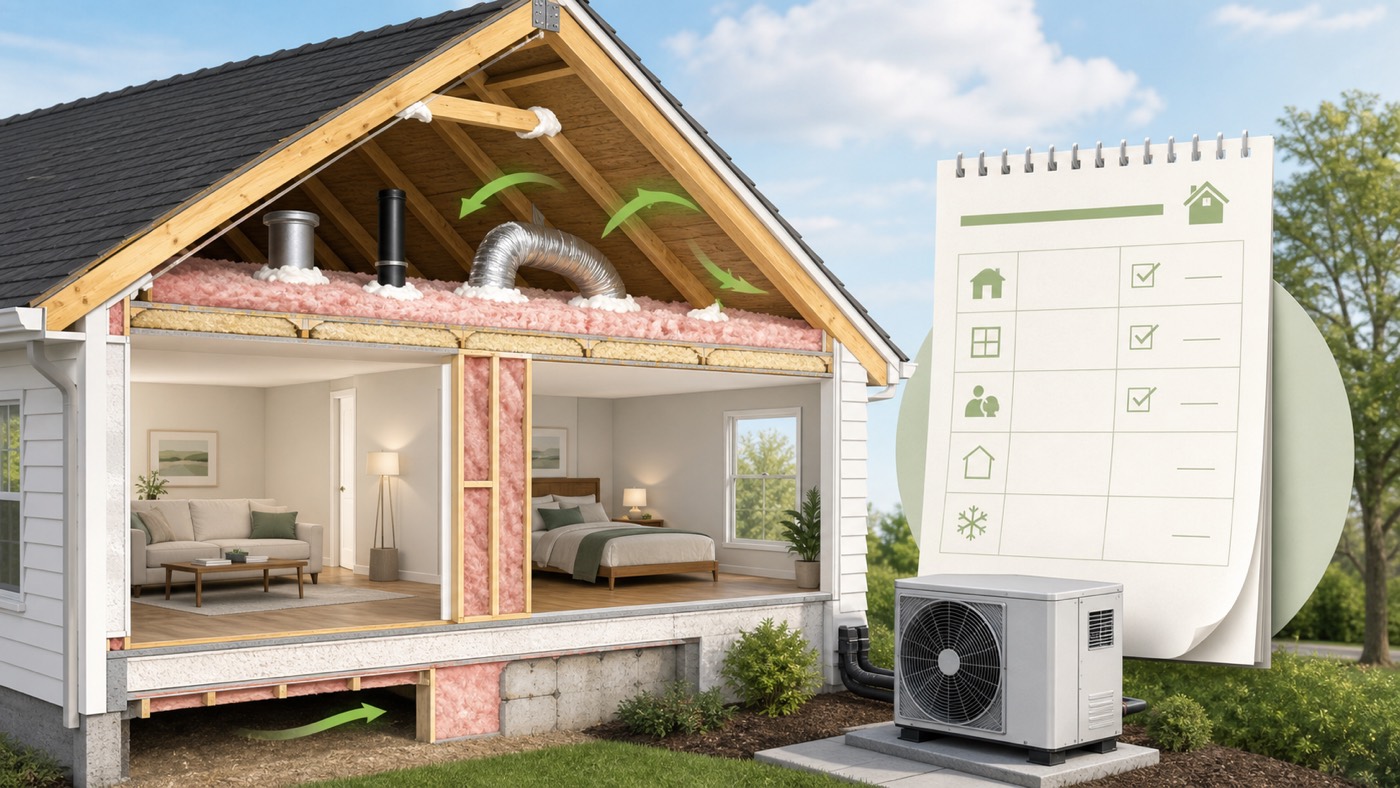 A home cutaway with sealed attic leaks, insulation layers and a heat pump sizing worksheet.
