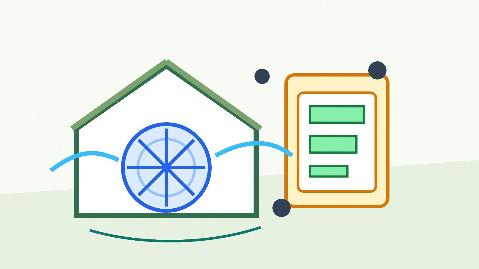 A home outline with a blower-door style test fan and an energy audit checklist before insulation quotes.