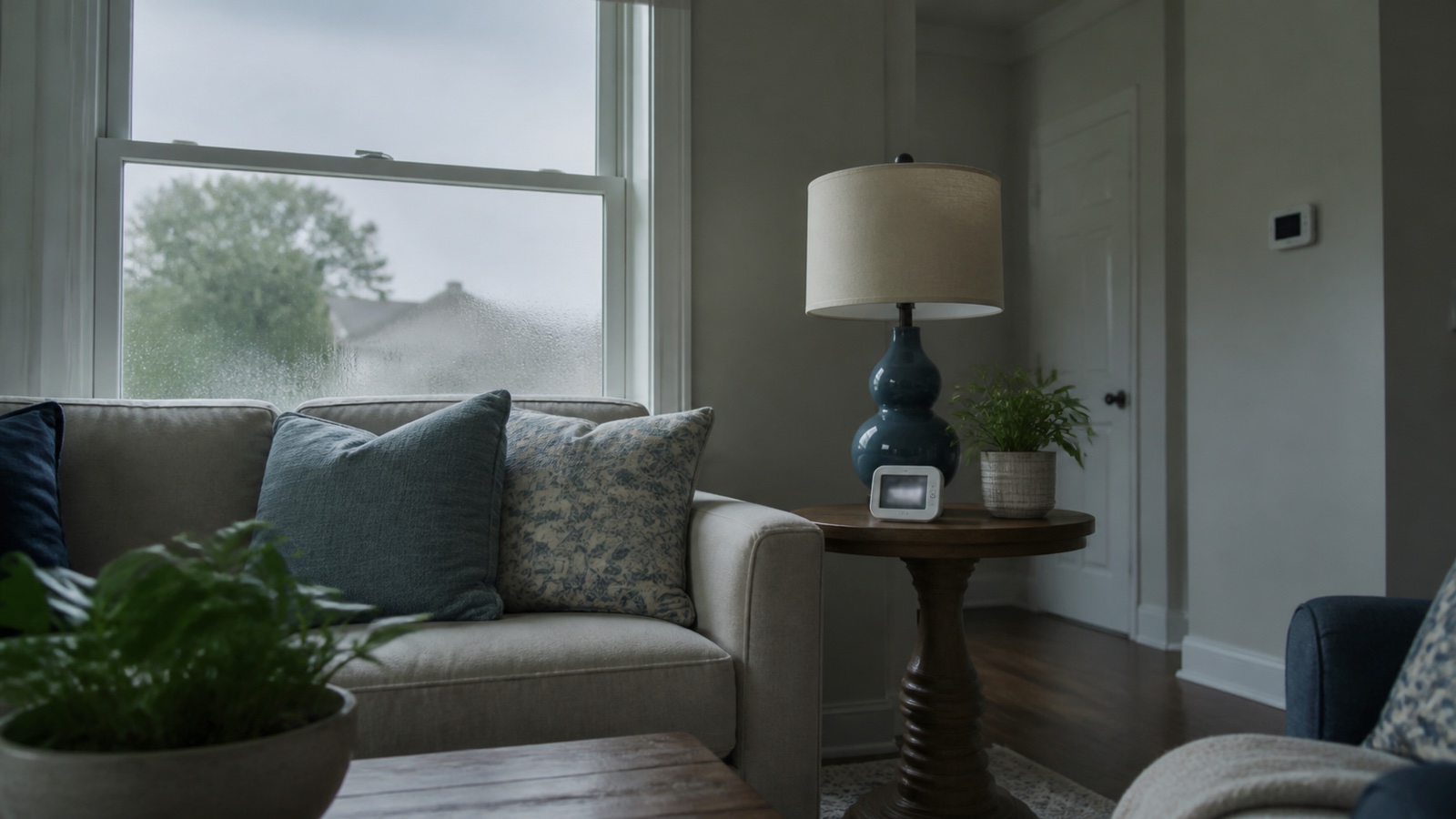 A cool living room with condensation on a window and a small humidity meter nearby, suggesting damp air despite the air conditioning.