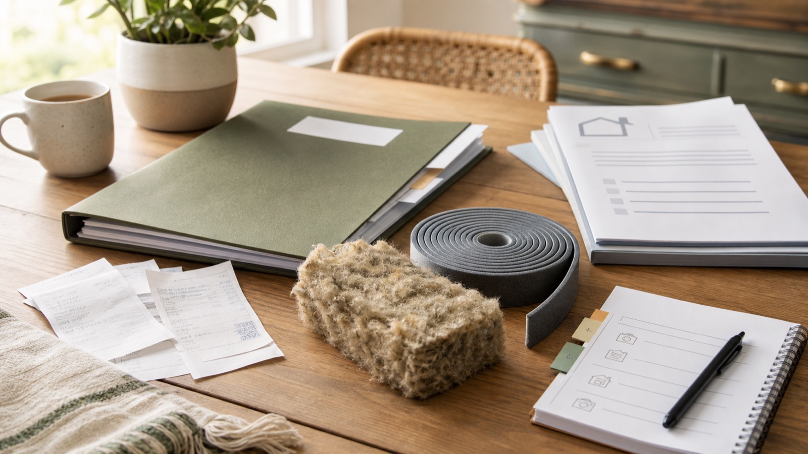 A home improvement folder with receipts, insulation sample and air sealing material ready for quote documentation.