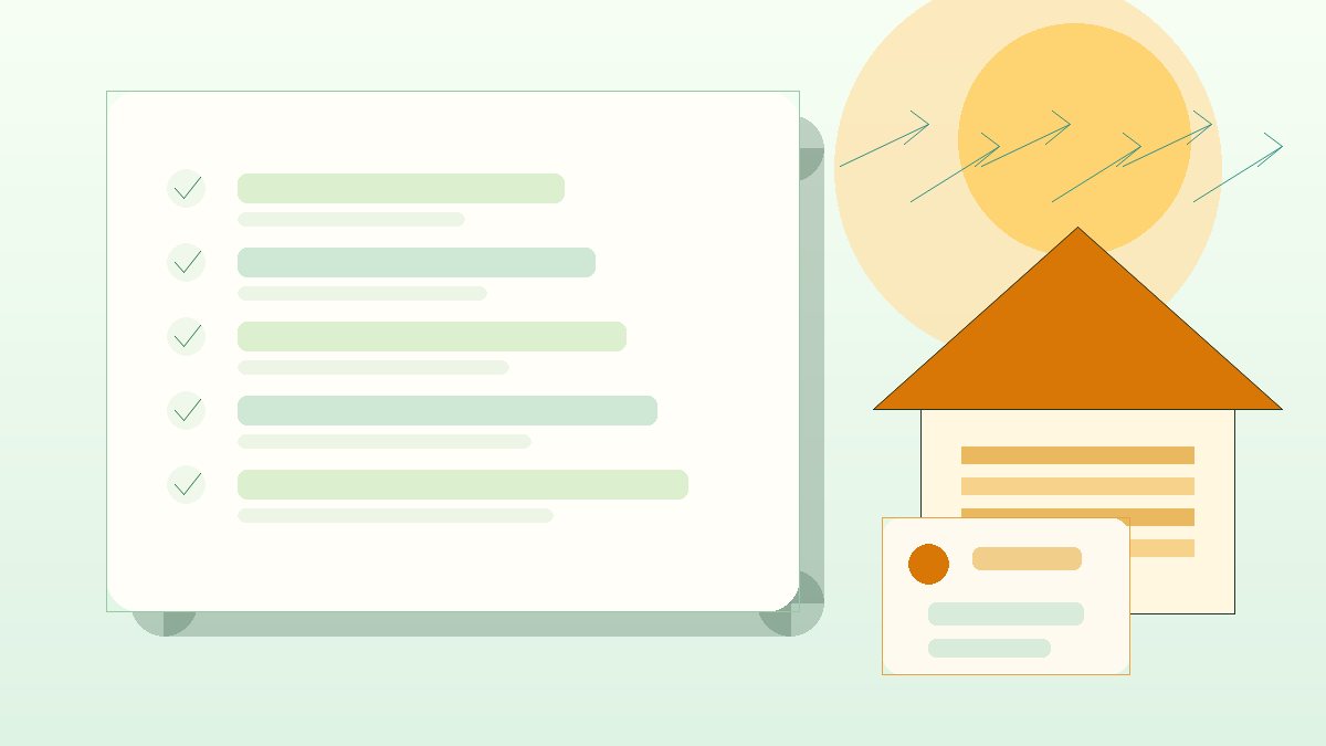 A summer home checklist with airflow arrows, attic insulation layers and a cooling bill marker on a bright planning board.