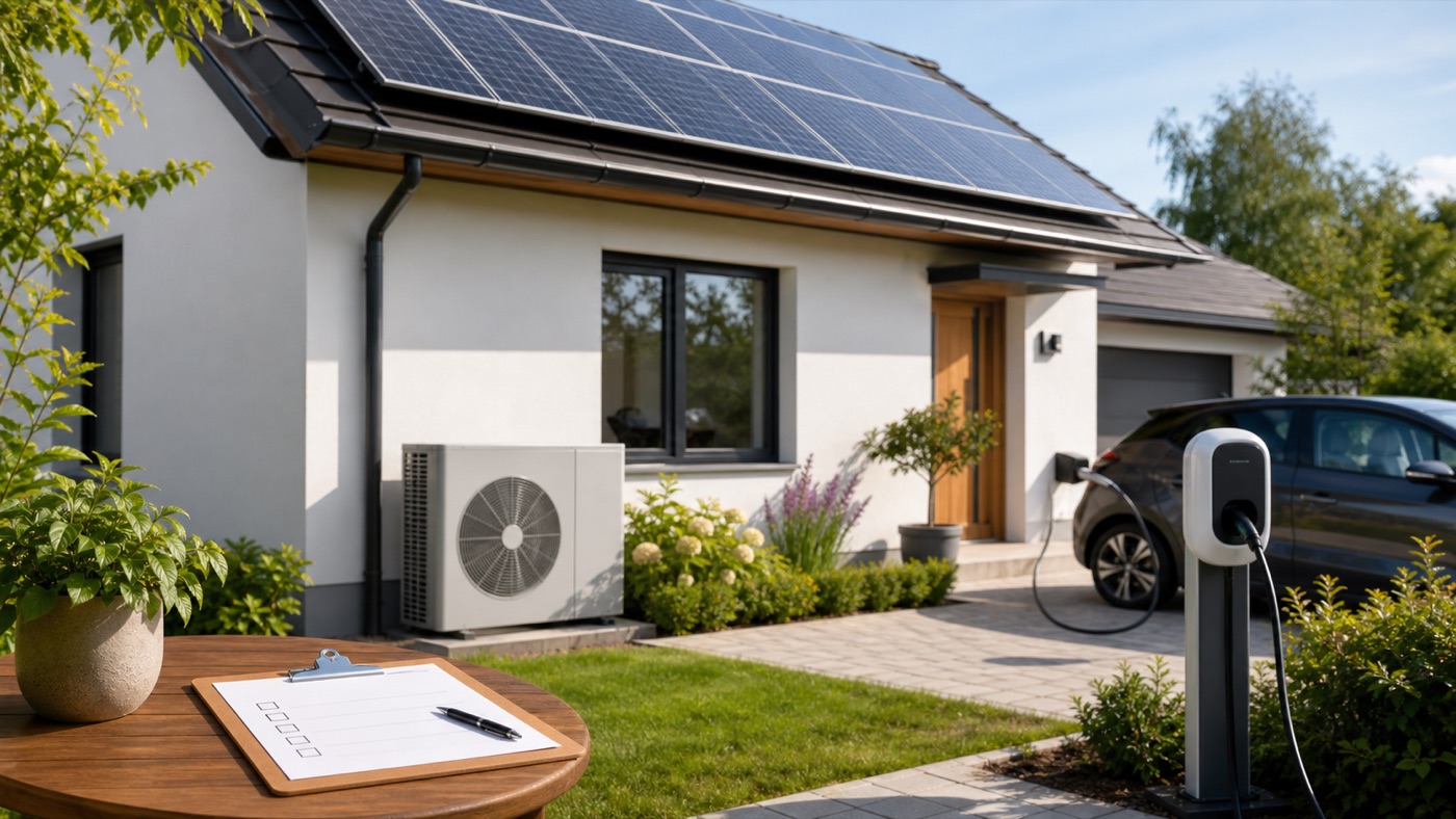 A modern home with solar panels, a heat pump and an EV charger.
